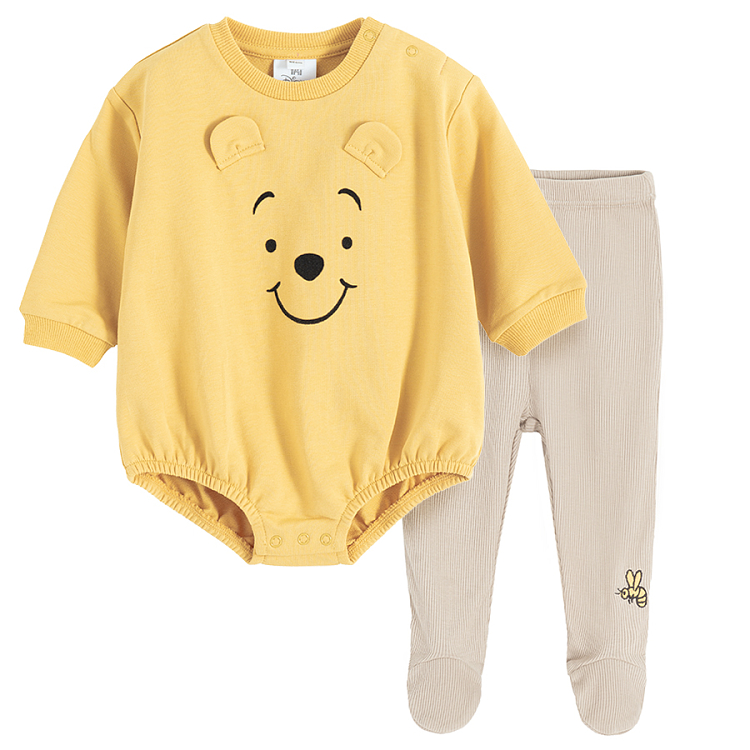 Winnie the Pooh yellow long sleeve bodysuit and grey footed leggings- 2 pieces