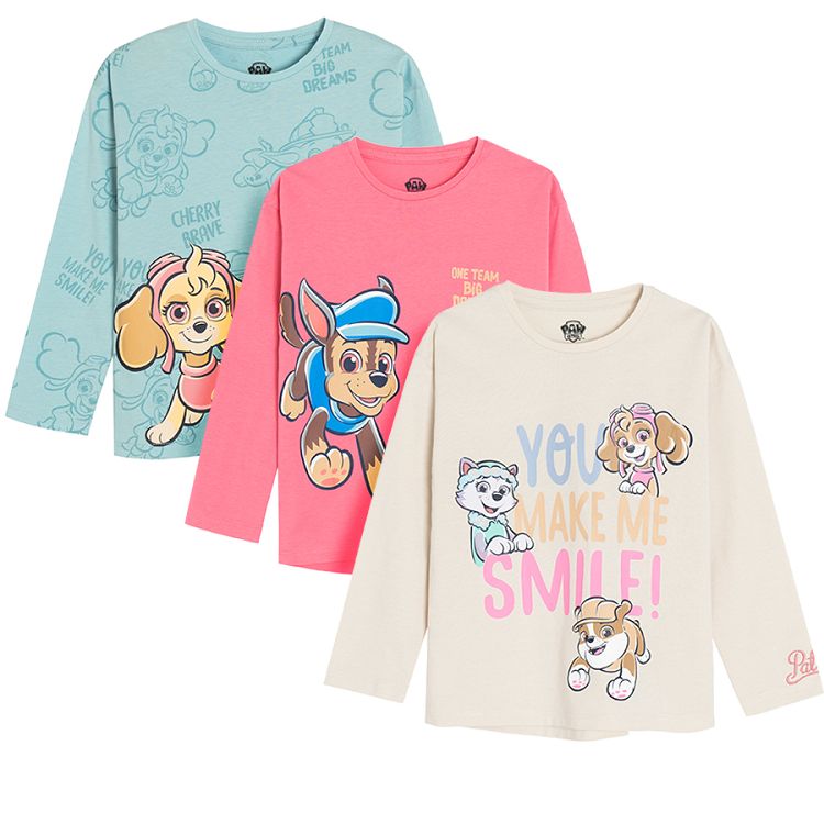 Cream light blue pink long sleeve Paw Patrol T-shirts- 3 pack