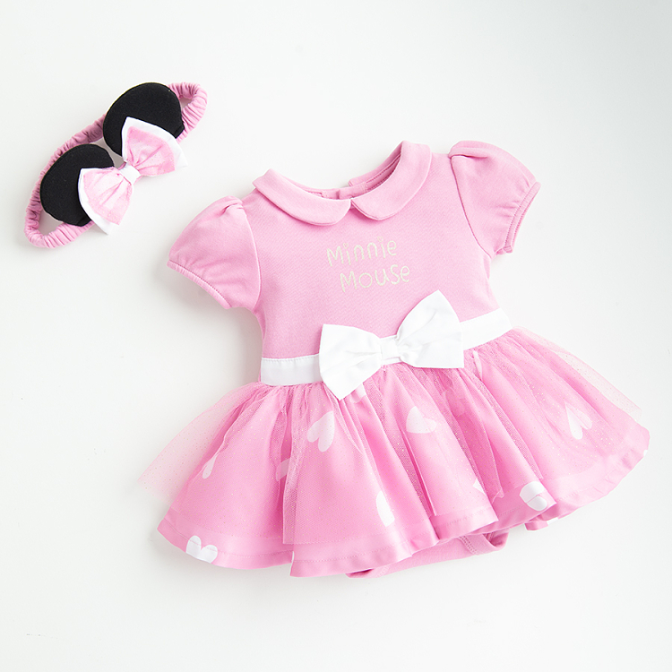 Minnie Mouse bodysuit sort sleeve dress, bows on the tulle skirt with matching headband- 2 pieces