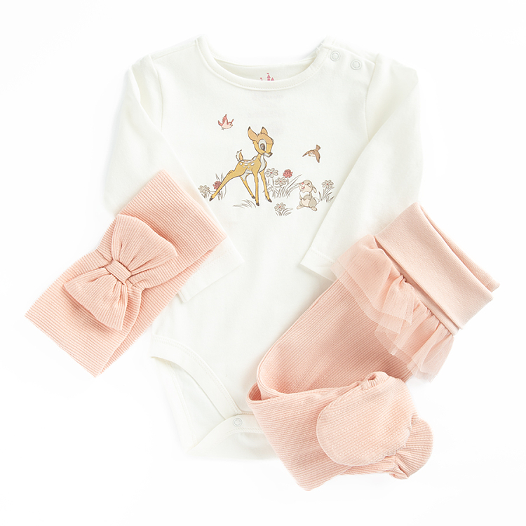 Bambi white long sleeve bodysuit and light brown footed leggings, hair band- 3 pieces