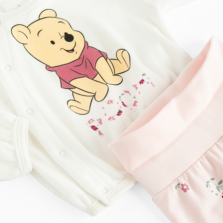 Winnie the Pooh white wrap blouse and pink floral footless leggings set- 2 pieces