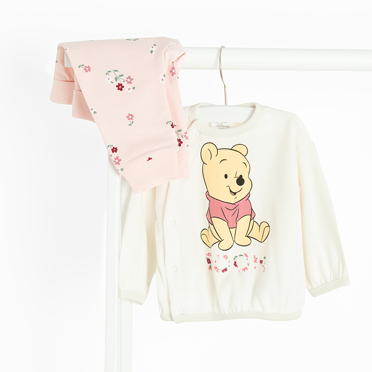 Winnie the Pooh white wrap blouse and pink floral footless leggings set- 2 pieces