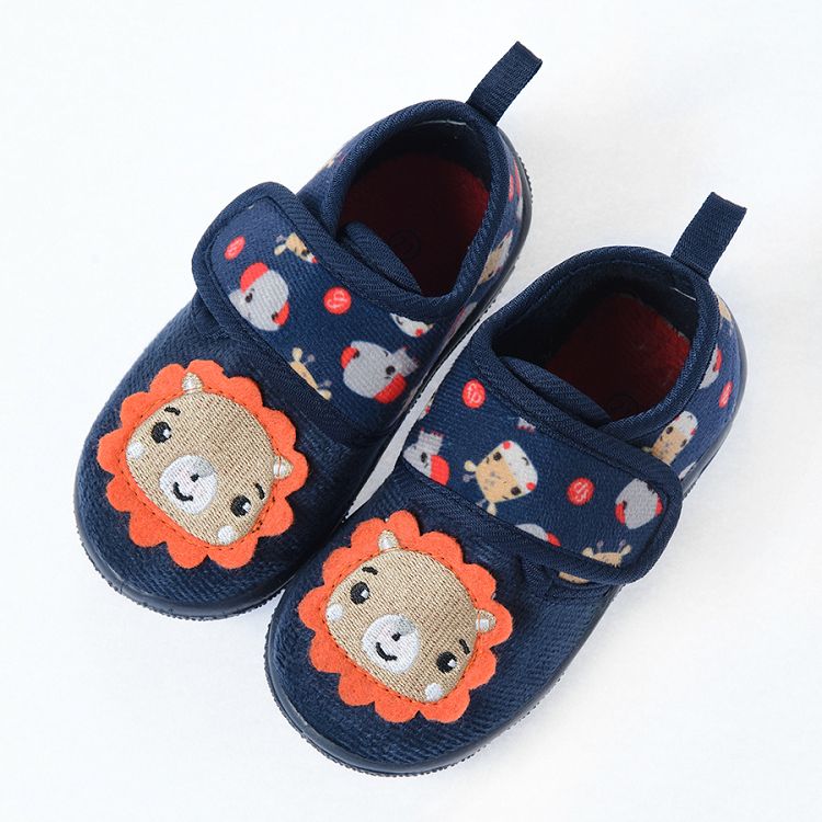 Fisher Price navy blue slippers with lion and animal prints