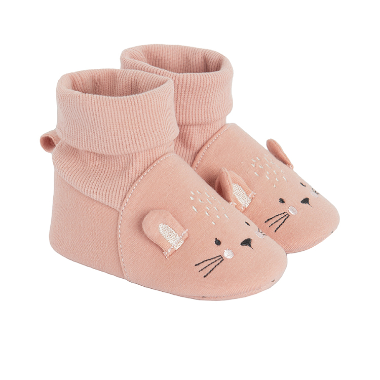 Pink new born slippers with cat print