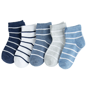 Striped blue, grey, white socks- 5 pack