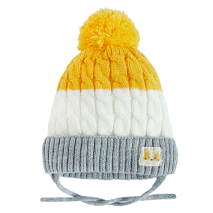 Grey, white, yellow stripes winter earflap hat