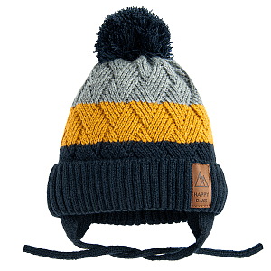 Black, yellow grey winter earflap hat with pom pom