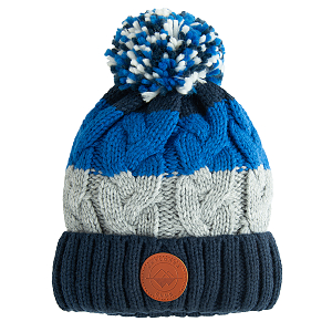 Blue, white, light blue winter beanie with pom pom