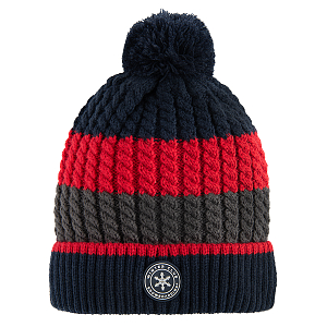 Blue, red, grey winter beanie with pom pom