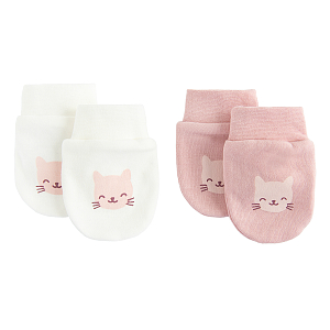 White and pink newborn gloves with kitten face print- 2 pack