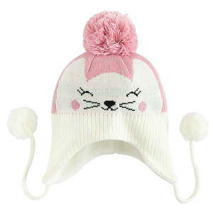 White and pink winter earflap hat with kitten print