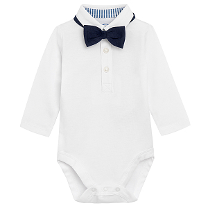 White long sleeve button down bodysuit with bow tie