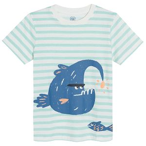 Light blue striped short sleeve T-shirt with sea fish print