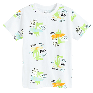 White T-shirt with crocodile surfing print