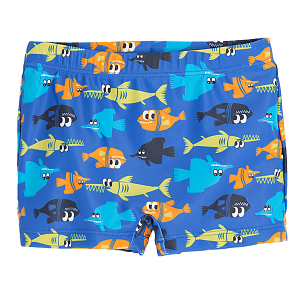 Blue swimming trunks with fish print