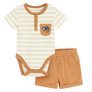 White and brown set- short sleeve bodysuit with buttons and shorts- 2 pieces