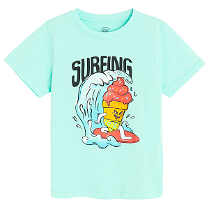 Turquoise T-shirt with ice-cream under the wave print