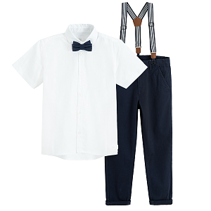 White short sleeve button down shirt with blue bow tie and blue trousers with suspenders- 3 pieces