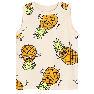 Beige sleeveless T-shirt with pineapple print