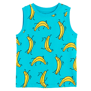 Light blue sleeveless T-shirt with bananas print