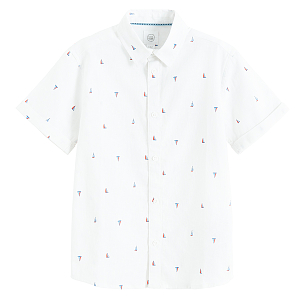 White short sleeve button down shirt with small boats print