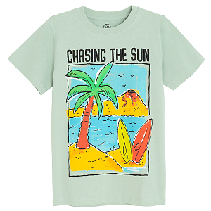 Green T-shirt with Chasing the Sun print