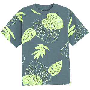 Blue grey T-shirt with leaves print
