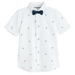 White short sleeve button down shirt with small palm trees print and bow tie- 2 pieces