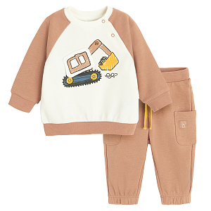 Brown sweatshirt with trucks print and brown sweatpants set- 2 pieces