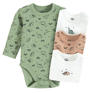 White, brown, green long sleeve bodysuits with dinosaurs print- 4 pack