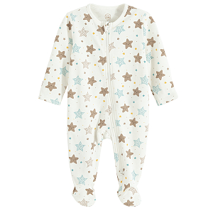 Ecru footed overall with stars print and side zipper