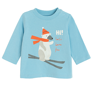 Blue blouse with bear skiing and Let's have fun print