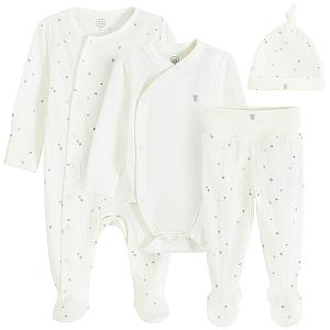 Ecru baby set- long sleeve wrap bodysuit, footed leggings, footed overall and all hear hat- 4 pieces