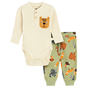 Beige long sleeve bodysuit with jogging pants with forest animals print- 2 pieces