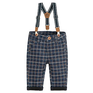 Blue checked trousers with suspenders