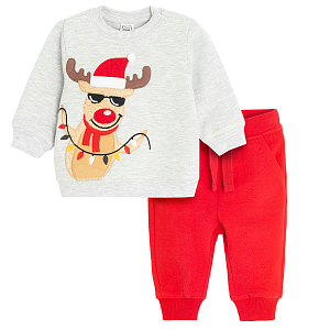 Grey sweatshirt with raindeer print and red jogging pants set