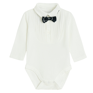 White long sleeve bodysuit with blue bow tie