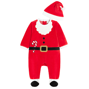 Long sleeve footed overall with Santa Claud patter and hat- 2 pieces