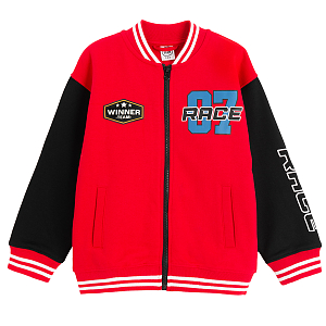 Red zip through sweatshirt with black sleeves and Race print