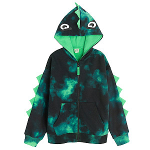 Green tie dye hooded zip through sweatshirt with dinosaurs scales