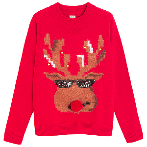 Red sweatshirt with raindeer in sunglasses print