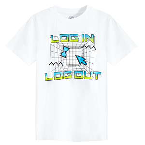 White T-shirt with Log In - Log Out print