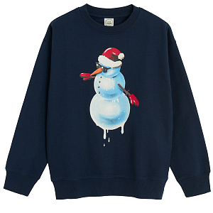 Blue sweatshirt with snowman with Santa's hat print