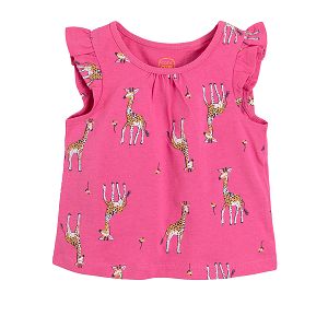 Fuchsia sleeveless blouse with ruffle and giraffe print