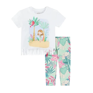 White short sleeve blouse with fringes and mix color leggings with tropical leaves clothing set