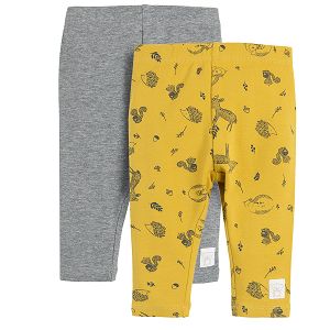 Grey and yellow with forest animals print leggings 2 pack