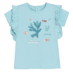Light blue short sleeve T-shirt with sea world print and ruffles in the side