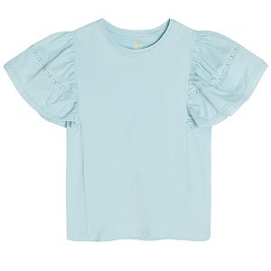 Blue short sleeve T-shirt with ruffles on the sleeves