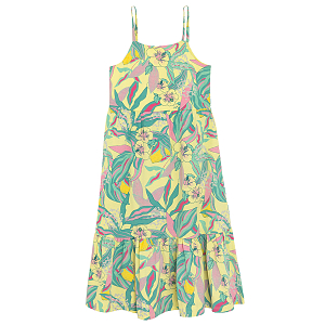 Yellow strap summer dress with tropical leaves print