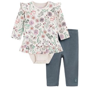 White floral long sleeve bodysuit with ruffle and blue leggings set